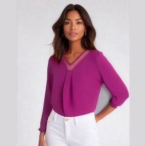 Apt. 9 Fuchsia Pink V-neck Shirt Dressy Career Metallic Embellished Blouse Top